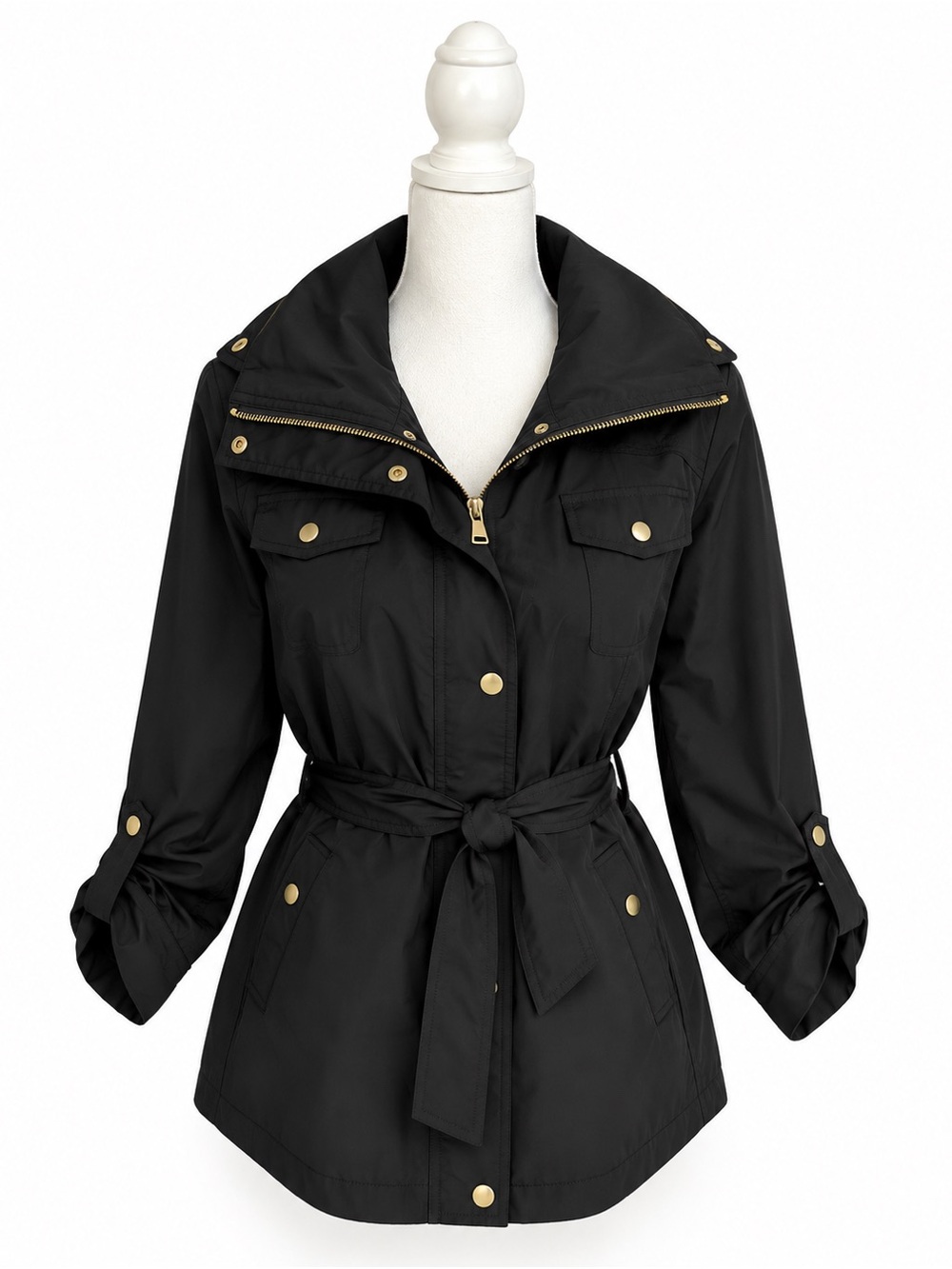 Ellen Tracy Black Belted Anorak Jacket with Gold Hardware